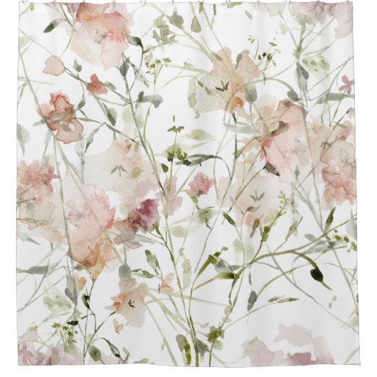 Delicate Perzik Bloempatroon met Groene Bladeren Douchegordijn (Voorkant)