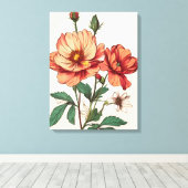 Delicate perzik en rode bloemkunst canvas afdruk (Insitu (Houten vloer))