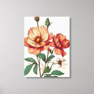 Delicate perzik en rode bloemkunst canvas afdruk