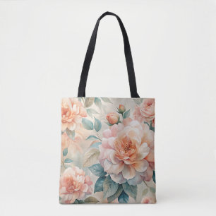 Delicate perzikkleurige bloemige Waterverf Tote Bag
