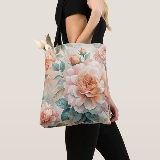 Delicate perzikkleurige bloemige Waterverf Tote Bag (Dichtbij)