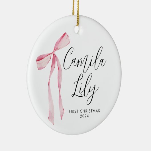 Delicate Pink Bow Baby Meisje Eerste Kerstmis Keramisch Ornament (Rechts)