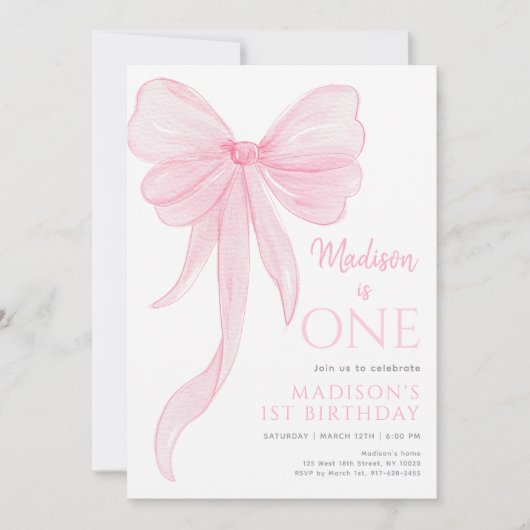 Delicate Pink Bow Girl First Birthday Kaart (Voorkant)