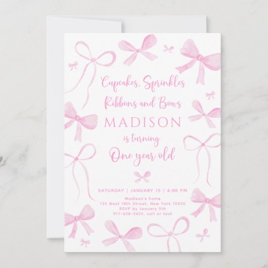 Delicate Pink Bows First Birthday Kaart (Voorkant)