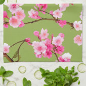 Delicate Pink Cherry Blossoms op Chartreuse Green Theedoek (Gevouwen)