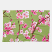 Delicate Pink Cherry Blossoms op Chartreuse Green Theedoek (Horizontaal)