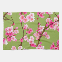 Delicate Pink Cherry Blossoms op Chartreuse Green Theedoek