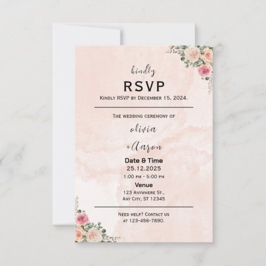 Delicate Pink Cream Floral Wedding RSVP Cards (Voorkant)