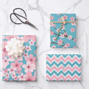 Delicate Pink en Blue Cherry Blossom en Chevron Inpakpapier Vel