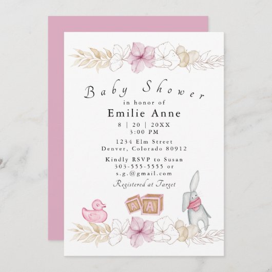 Delicate Pink Floral Baby shower Uitnodiging (Voorkant / Achterkant)
