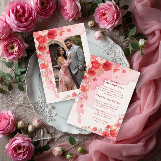 Delicate Pink Floral Frame Christian Catholic Kaart