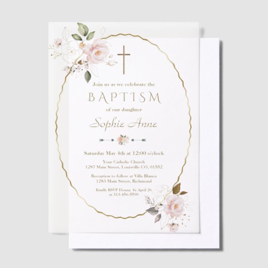 Delicate Pink Floral Gold Lijst doop Vellum Uitnodigingen (Offset)