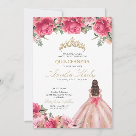 Delicate Pink Floral Princess Roos Gold Quinceañer Kaart (Voorkant)