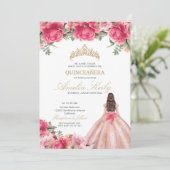Delicate Pink Floral Princess Roos Gold Quinceañer Kaart (Staand voorkant)