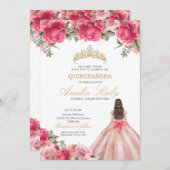 Delicate Pink Floral Princess Roos Gold Quinceañer Kaart (Voorkant / Achterkant)