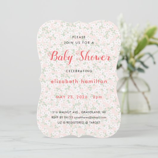 Delicate Pink Flowers Baby Shower Invitation Kaart (Staand voorkant)