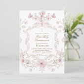 delicate pink flowers frame First Holy Communion Kaart (Staand voorkant)