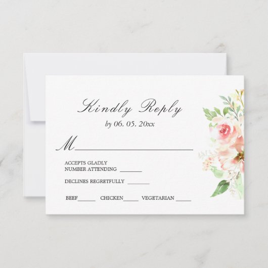 Delicate Pink Flowers Greenery Floral Wedding RSVP Kaartje (Voorkant)