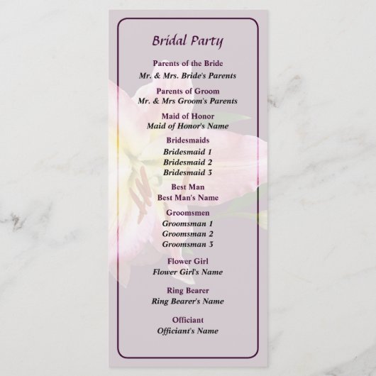 Delicate Pink Lilies Wedding Programme Programmakaart (Achterkant)