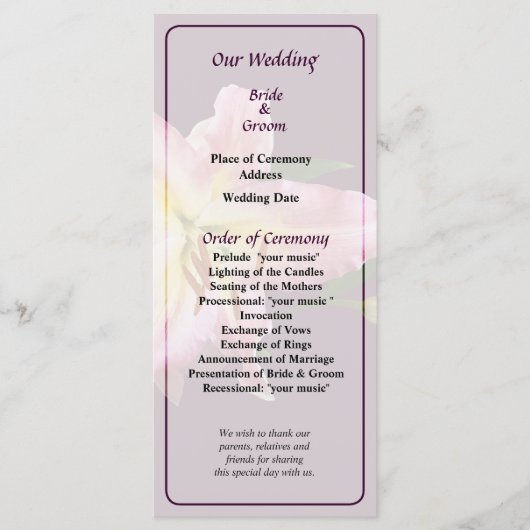 Delicate Pink Lilies Wedding Programme Programmakaart (Voorkant)