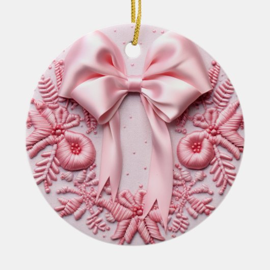 Delicate Pink Ribbon borduurwerk Keramisch Ornament (Voorkant)