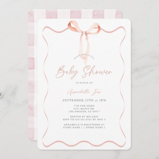 Delicate Pink Ribbon Bow Girl Baby shower Kaart (Voorkant / Achterkant)