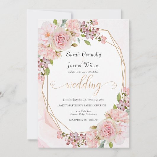Delicate Pink Rose en Gold Wedding Invitation Kaart (Voorkant)