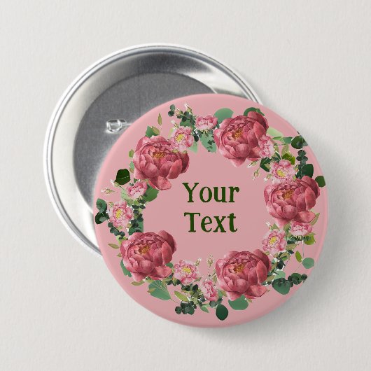 Delicate Pioen Bloem Krans revers Badge Ronde Button 7,6 Cm (Voorkant /achterkant)