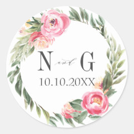 Delicate Pioen Typografie Chic Monogram Bruiloft Ronde Sticker