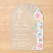 Delicate Pioenenboog Eerste Communie Acryl Uitnodigingen (Voorkant)