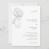 Delicate pioenrozen inkt zwart wit elegante bruilo kaart (Voorkant)