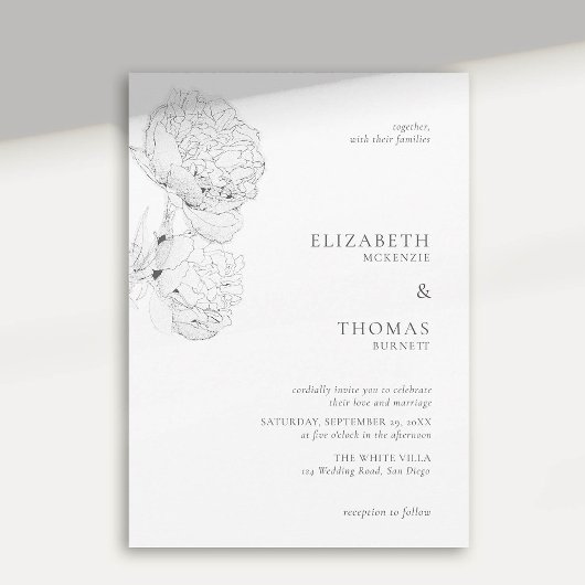 Delicate pioenrozen inkt zwart wit elegante bruilo kaart