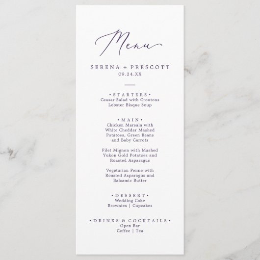 Delicate Plum Paarse Calligraphy Wedding Dinner Menu (Voorkant)
