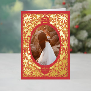 Delicate Poinsettia Rood Ovaal Lijst Foto Folie Feestdagenkaart