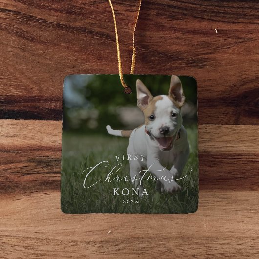 Delicate Puppy's eerste Kerstmis Hond Overlay Foto Keramisch Ornament