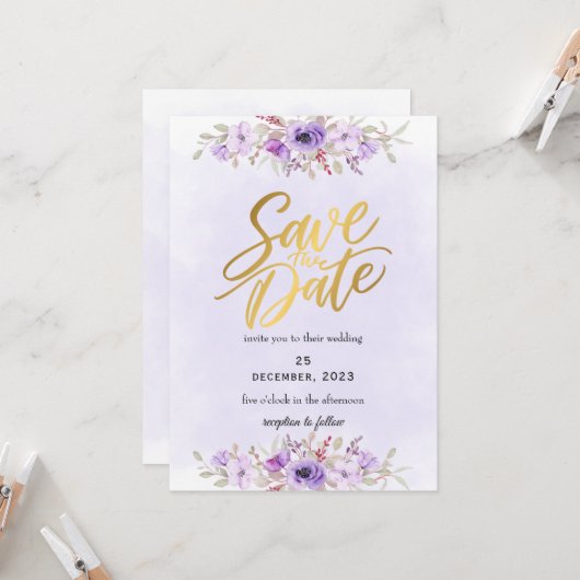 Delicate Purple Floral Wedding Save the Date Kaart (Voorkant / Achterkant in situ)
