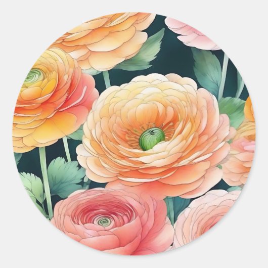 Delicate Ranunculus Flowers Waterverf Ronde Sticker (Voorkant)