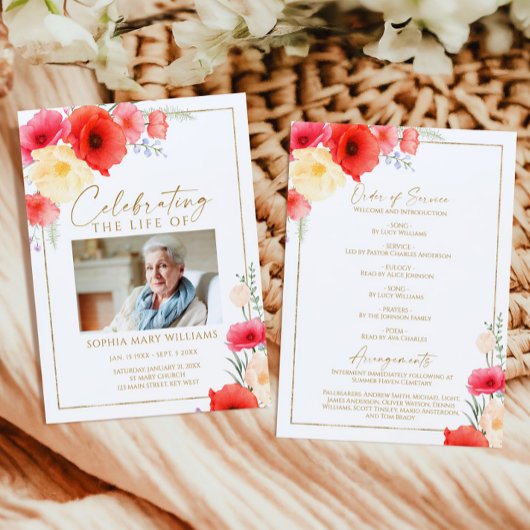 Delicate Red Flowers Funeral Order of Service Programmakaart