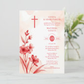 Delicate Red & Pink Wildflowers Baptism Photo Kaart (Staand voorkant)