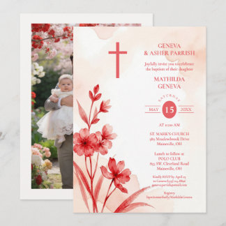 Delicate Red & Pink Wildflowers Baptism Photo Kaart