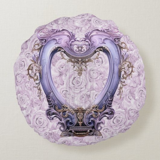 Delicate Rococo Lila Lyra Harp Katoen Rond Kussen (Achterkant)