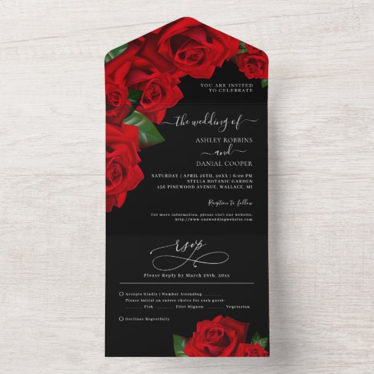 Delicate Rode Liefde Rozen Bruiloft All In One Uitnodiging (Binnen)