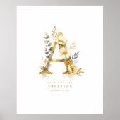 Delicate Romantic Floral A Letter Gold Glitter Poster (Voorkant)