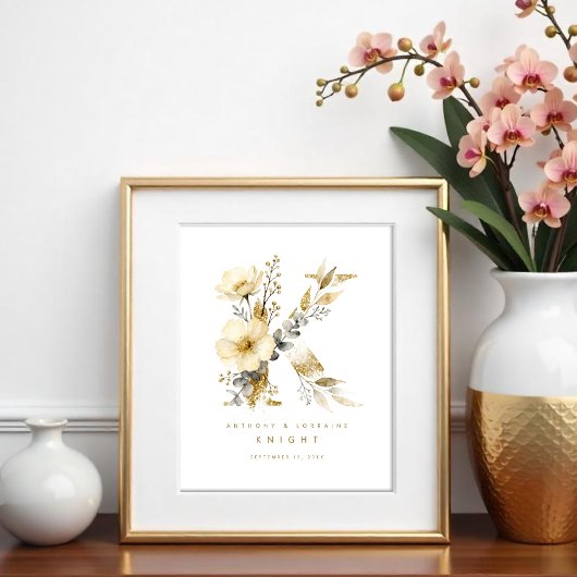 Delicate Romantic Floral K Letter Gold Glitter Poster