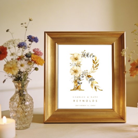 Delicate Romantic Floral R Letter Gold Glitter Poster