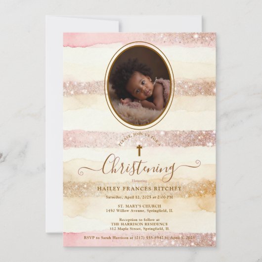 Delicate Romantic Glitter Stripes Baby Baptist Kaart (Voorkant)