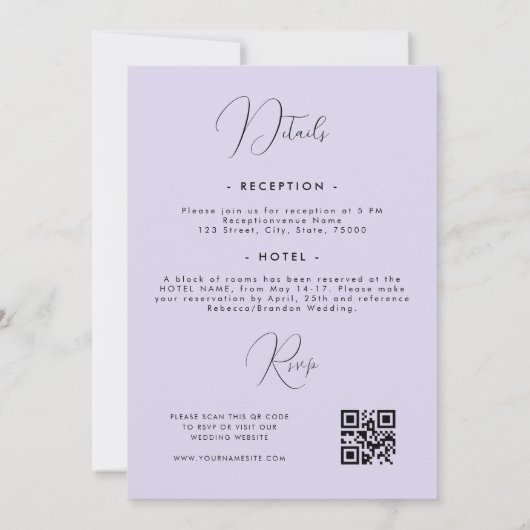 Delicate Romantic Lila Floral in één bruiloft Kaart (Achterkant)