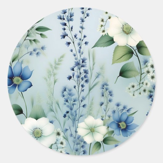 Delicate romantische bloemenblauw ronde sticker (Voorkant)