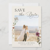 Delicate romantische ivoor wilde bloemen foto brui save the date (Voorkant)