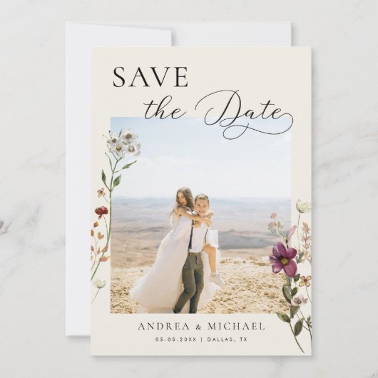 Delicate romantische ivoor wilde bloemen foto brui save the date (Voorkant)